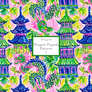 May include: A colorful pattern featuring pagodas, dragons, and foliage in shades of blue, green, pink, and yellow. The text "Dragon Pagoda Pattern 1" is displayed in a green-bordered white box. The overall design has a watercolor effect.