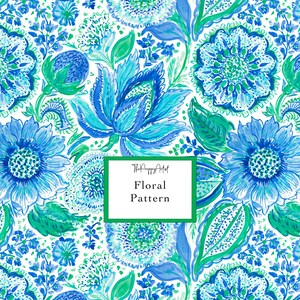 May include: A repeating floral pattern featuring various blue and green flowers and leaves on a white background. A central rectangular white label with a green border displays the text ThePreppyArtist and the words Floral Pattern in black.