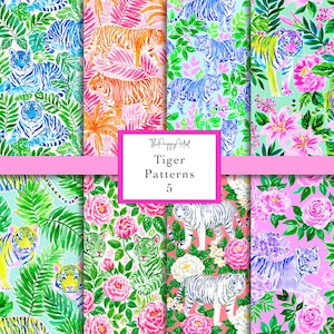 May include: A collection of watercolor tiger patterns in various colors, including blue, orange, yellow, and white. The designs feature tigers amidst tropical foliage and flowers. The text "Tiger Patterns 5" is displayed on a pink background.