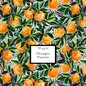 May include: A repeating pattern of bright orange citrus fruits with dark green leaves and stems on a light grey background. A central white rectangular label features the black text ThePreppyArtist Oranges Pattern in a serif font.