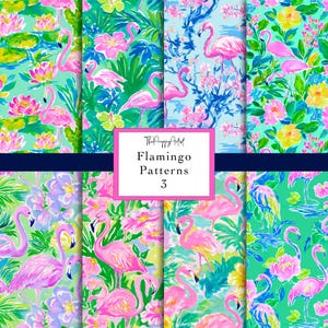 May include: A collection of eight colorful flamingo patterns. Each pattern features pink flamingos amidst floral and tropical foliage in shades of green, blue, and yellow. The text "Flamingo Patterns 3" is displayed in a pink frame.