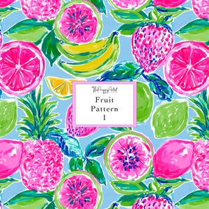 May include: A vibrant fruit pattern design featuring pink grapefruit, strawberries, bananas, and lemons on a light blue background. The design includes the text "Fruit Pattern 1" in a pink frame. Green leaves and pineapple complete the tropical theme.