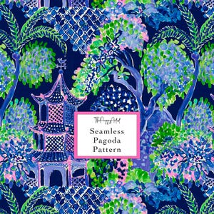 May include: A seamless pattern featuring a dark blue background with illustrations of pagodas, palm trees, and floral clusters in shades of bright green, light blue, and pink. A central white box contains the text ThePreppyArtist Seamless Pagoda Pattern.