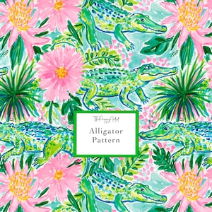 May include: A repeating pattern featuring green alligators and large pink flowers with yellow centers, interspersed with green palm-like leaves. A white rectangular label in the center displays the text ThePreppyArtist Alligator Pattern.