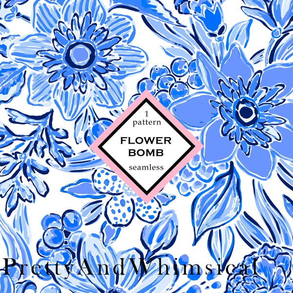 INSTANT DOWNLOAD - preppy blue and white surface pattern design, blue and white floral, floral textile design, seamless digital pattern