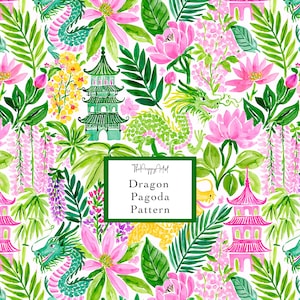 May include: A white fabric featuring a repeating watercolor pattern of green and pink pagodas, green dragons, pink lotus flowers, and green palm leaves. A central white rectangular label contains the text ThePreppyArtist Dragon Pagoda Pattern.