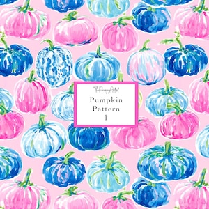 May include: A repeating pattern of watercolor pumpkins in shades of pink, blue, and white on a light pink background. The pumpkins have green stems. The text "Pumpkin Pattern 1" is in a white box.