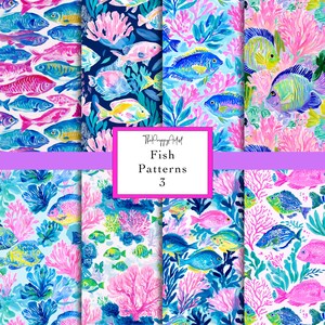 Puede incluir: Una colección de ocho patrones de peces coloridos. Cada patrón presenta peces, corales y plantas acuáticas en tonos de azul, rosa y verde. El texto "Fish Patterns 3" se muestra en un cuadro rosa.