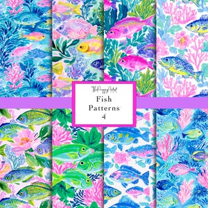 Puede incluir: Una colección de coloridos patrones de peces. Los diseños presentan varios peces en tonos de rosa, azul, amarillo y verde, sobre un fondo de coral y plantas acuáticas. El texto "Fish Patterns 4" se muestra en un cuadro rosa y blanco.