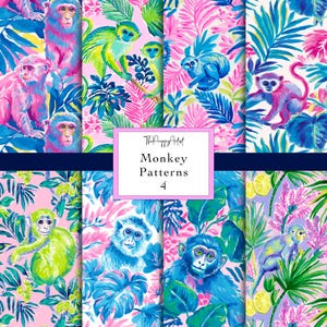 May include: A selection of vibrant monkey patterns. The designs showcase monkeys in pink, blue, and green, set against a backdrop of tropical leaves. The text "Monkey Patterns 4" is displayed on a pink background.