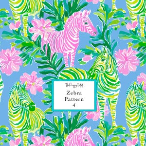 Può includere: Un motivo vibrante con zebre rosa e verdi, fiori rosa e fogliame verde su sfondo azzurro. Il design include il testo "Zebra Pattern 4" all'interno di un rettangolo turchese. Lo stile ricorda i temi tropicali.