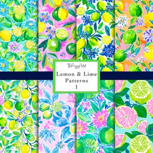 May include: A collection of eight colorful patterns featuring lemons, limes, and floral elements. The designs include vibrant green, yellow, pink, and blue hues. The text "Lemon & Lime Patterns 1" is displayed in a green-bordered white box.