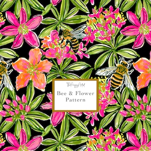 Padrão contínuo de abelhas e flores, estampa floral alegre e vibrante, padrão repetido (1 design digital 12x12")