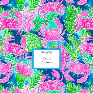 May include: A vibrant fabric pattern featuring bright pink crabs, green seaweed, and pink coral on a deep blue background. A central white rectangular label with a blue border displays the text ThePreppyArtist Crab Pattern in black font.