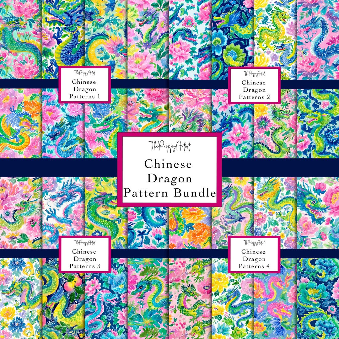 Chinese Dragon Pattern Bundle, Seamless Mahjong Dragon Patterns (32 ...