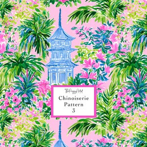May include: A pink Chinoiserie pattern featuring a blue pagoda, lush green foliage, and pink flowers. The design includes the text "Chinoiserie Pattern 3" within a pink rectangle. The Preppy Artist logo is also visible.