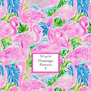 May include: A vibrant pattern featuring pink flamingos amidst blue and green foliage. The design includes the text "Flamingo Pattern 3" within a pink-bordered white rectangle. The artwork has a watercolor style.