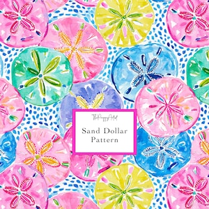 May include: A repeating pattern of watercolor sand dollars in shades of pink, yellow, blue, and green on a white background with blue dots. A central white rectangular label with a pink border displays the text ThePreppyArtist Sand Dollar Pattern.