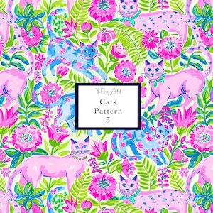 May include: A colorful pattern featuring pink cats, blue cats, and vibrant pink flowers with green foliage. The design includes the text "Cats Pattern 3" in a black box, creating a whimsical and lively aesthetic.