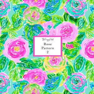 May include: A vibrant floral pattern featuring large pink roses with yellow and green centers, surrounded by green leaves and blue accents, set against a light turquoise background. The text "Rose Pattern 2" is displayed in a pink frame.