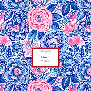 May include: A repeating floral pattern featuring watercolor-style blue and pink flowers with green leaves on a white background. A central white rectangular box with a red border contains the text ThePreppyArtist and Floral Pattern.