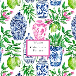 May include: A repeating pattern on a white background featuring blue and white ginger jars, a pink jar with a rooster illustration, green lemons, and pink flowers. A central pink-bordered box contains the text ThePreppyArtist Chinoiserie Pattern.