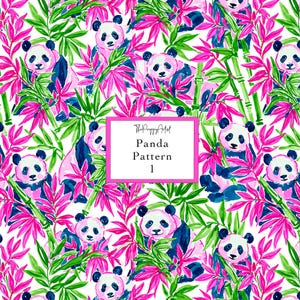 Może przedstawiać: Powtarzający się wzór z pandami, bambusem i liśćmi w odcieniach różu, zieleni i niebieskiego na białym tle. Tekst "Panda Pattern 1" jest wyświetlany w różowym polu. Projekt jest żywy i kolorowy.
