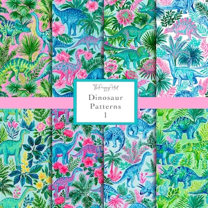 May include: A collection of colorful dinosaur patterns. The designs feature various dinosaurs in shades of blue, green, and pink, set against a backdrop of tropical foliage and flowers. The text "Dinosaur Patterns 1" is displayed in a white box.