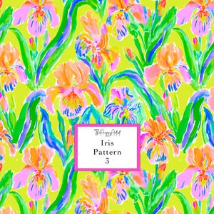 May include: A vibrant pattern featuring watercolor-style iris flowers in shades of pink, orange, and yellow against a bright green background. The design includes green leaves and blue accents. The text "Iris Pattern 3" is displayed in a pink box.