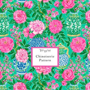 May include: A vibrant green fabric pattern featuring illustrations of pink peonies and various blue and white ceramic vases. A central white rectangular label with a pink border displays the text ThePreppyArtist Chinoiserie Pattern.