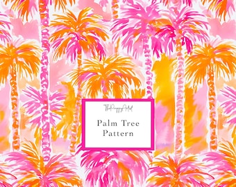 May include: A repeating pattern of watercolor palm trees in vibrant shades of hot pink, orange, and yellow against a white background. A central white rectangular label with a pink border displays the text ThePreppyArtist Palm Tree Pattern.