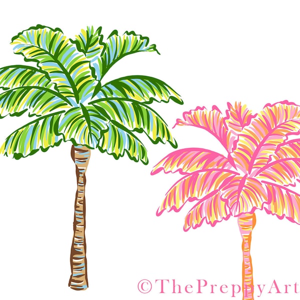 INSTANT DOWNLOAD - 2 preppy, colorful palm tree clipart files, tropical png, preppy palm tree graphics, palm illustration, tropical graphics