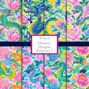 May include: A collection of colorful Chinese dragon patterns. The designs feature dragons in shades of blue, green, and yellow, set against a backdrop of pink and orange flowers. The text "Chinese Dragon Patterns 1" is displayed on a white background.