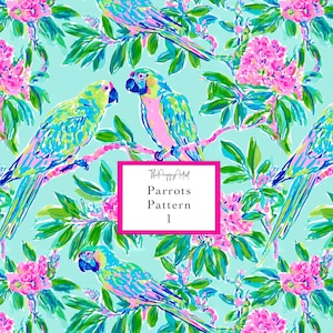 May include: A vibrant pattern featuring colorful parrots, pink flowers, and green leaves on a light blue background. The design includes the text "The Preppy Artist Parrots Pattern 1" in a pink box. The parrots are in shades of blue, yellow, and pink.