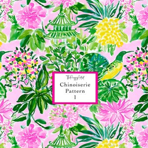 Può includere: Un vivace motivo Chinoiserie con fiori rosa e gialli, fogliame verde e una pagoda verde su sfondo rosa chiaro. È visibile anche un uccello giallo e verde. Il testo "Chinoiserie Pattern 1" è visualizzato in un riquadro rosa.