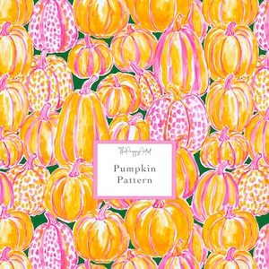 May include: A repeating pattern of watercolor-style pumpkins in shades of orange and pink against a dark green background. Some pumpkins feature vertical stripes, while others have spotted textures. A central white label reads ThePreppyArtist Pumpkin Pattern.