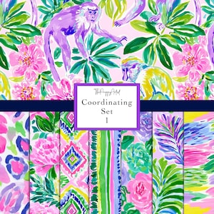May include: A vibrant pattern featuring monkeys, flowers, and foliage in shades of pink, purple, green, and yellow. The image includes the text "Coordinating Set 1" in a purple frame, and a variety of coordinating patterns.