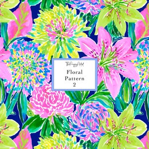 May include: A vibrant floral pattern featuring a variety of flowers in shades of pink, yellow, green, and blue against a dark blue background. The design includes lilies, chrysanthemums, and other stylized blooms. The text "Floral Pattern 2" is displayed in a white box.