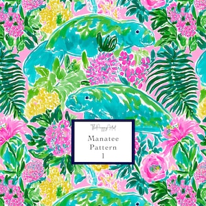 May include: A vibrant pattern featuring turquoise manatees, pink flowers, and green foliage on a light pink background. The design includes the text "Manatee Pattern 1" in a white box with a dark blue border. The overall theme is tropical and whimsical.
