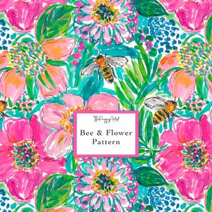 Seamless Bee and Floral Pattern, Bright Preppy Flower Print, Repeat Pattern (1 Digital Design 12x12")