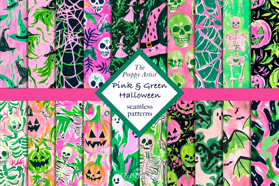 Preppy Halloween Patterns, Pink and Green Halloween Prints, Seamless