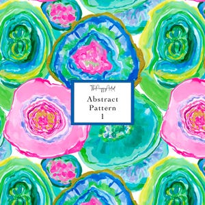 Puede incluir: Diseño de patrón abstracto con formas de geodas de acuarela en tonos rosa, azul, verde y dorado. El diseño incluye el texto "Abstract Pattern 1" en un cuadro blanco con borde azul. El logotipo de The Preppy Artist está en la esquina superior izquierda.