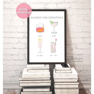 Printable Classic Gin cocktail art, bar artwork, kitchen art, Gin cocktail recipe, wall art, Classic cocktail printable, Cocktail wall art