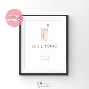 Printable Gin + Tonic cocktail art, bar artwork, kitchen art, Gin cocktail recipe, Gin wall art, Gin + Tonic printable, Cocktail wall art