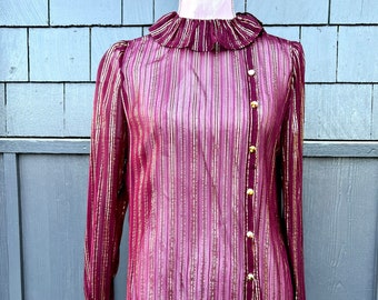 Vintage 1980s Wine + Gold sheer blouse//Ruffle collar//Boho sheer blouse//Asymmetrical Gold button Closure//Classic Kay Unger Blouse