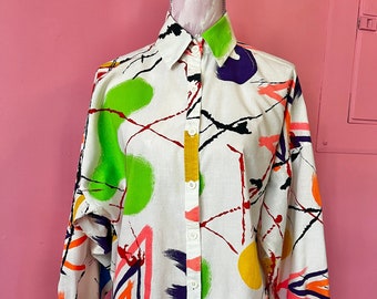 Vintage 1980s Splatter Print Button Up Blouse//Oversized bright Graffiti Print Long Sleeve Blouse//Bright Expressionist Print Shirt//L-XL