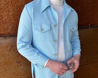 1970s Sky Blue Houndstooth Polyester Leisure Suit – Double Knit Flares, Notched Lapels