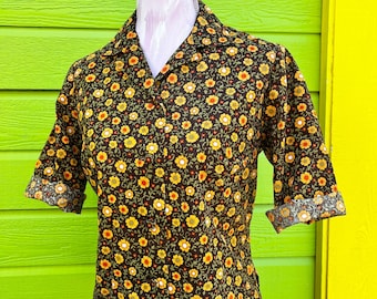 Vintage 1950-60s Calico Print Women's Blouse//Cottage Core Handmade 3/4 Sleeve Button Up//Housewife Blouse Brown+Yellow Ditzy Print Floral