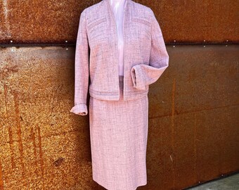 Vintage 1950s Pink Tweed Skirt Suit, Boxy Jacket, Pencil Skirt
