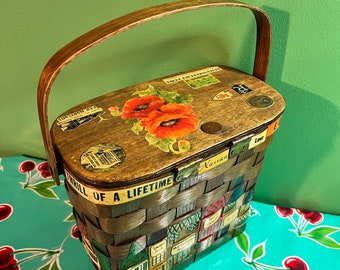 Vintage 1960s Caro-Nan Basket Purse//Kansas City + Hawaii Travel Theme//Tall wood Folk Art Novelty Basket Decoupage Handbag